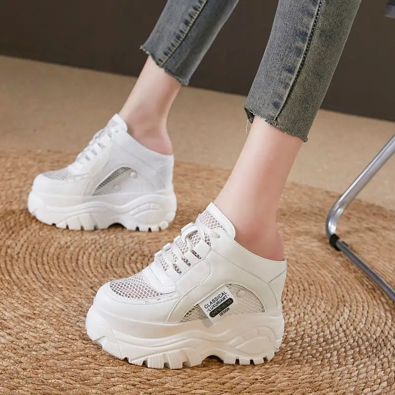 Baskets à compensée en cuir véritable pour femme
