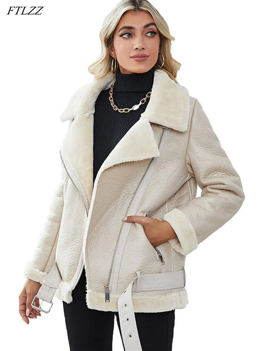 Veste de fourrure avec ceinture col rabattu fermeture éclair pour femmes