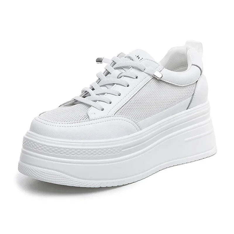 Baskets à semelle compensée en cuir véritable talon haut 7 cm pour femmes