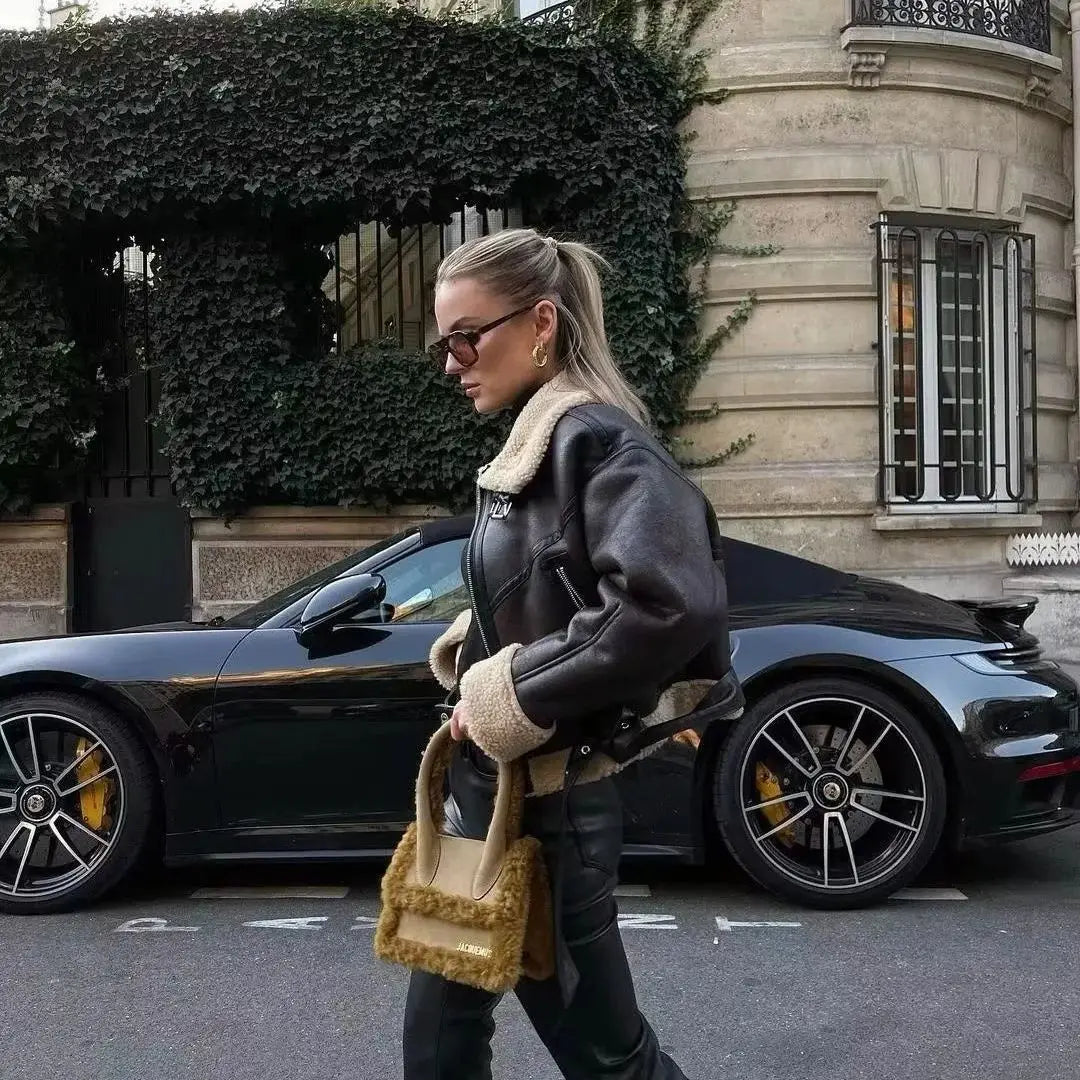 Veste en fourrure en cuir manteau court pour femmes