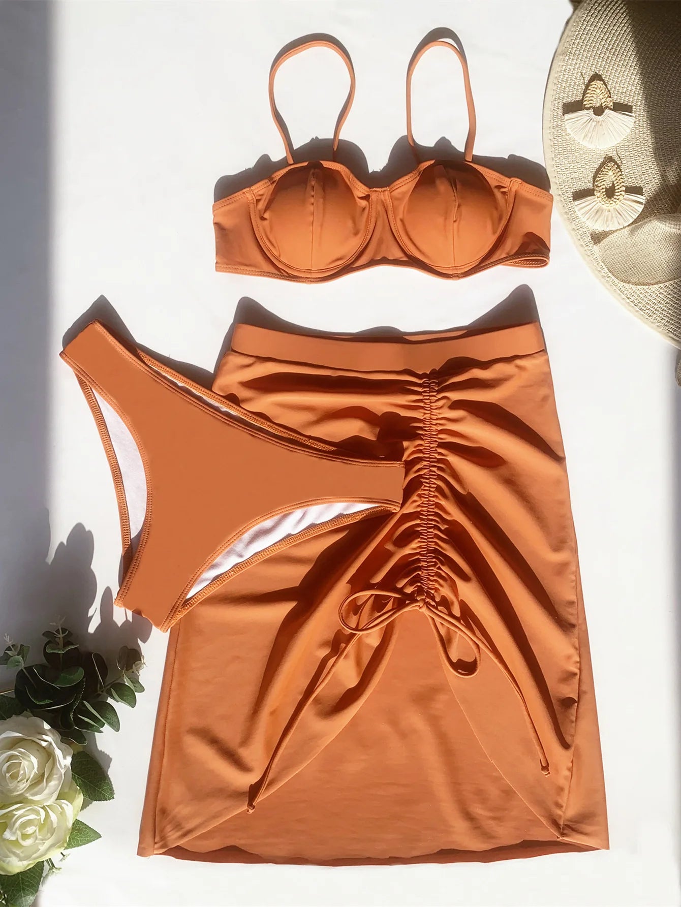 Maillot de bain trois pièces avec jupe de plage pour femme, bikini brésilien à armatures, push up