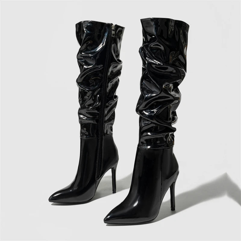 Bottes en cuir verni bout pointu talons fins pour femmes