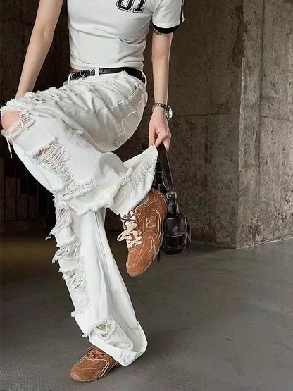 Jean Baggy Blanc à Trous pour Femme