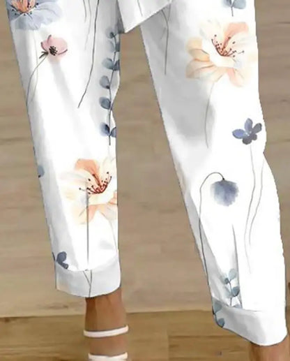 Pantalon taille haute pour femme, imprimé floral