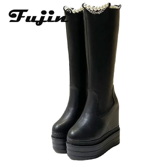 Bottes en cuir microcarence pour femme, chaussures en peluche, semelle optique, hauteur genou, talon GNE, 13cm