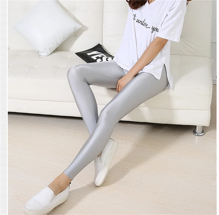 Legging de yoga sexy longueur cheville, couleur bonbon, soie glacée brillante, slim, taille haute pour femmes