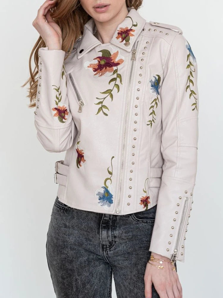 Veste vintage imprimé fleuri broderie Faux cuir pour femmes