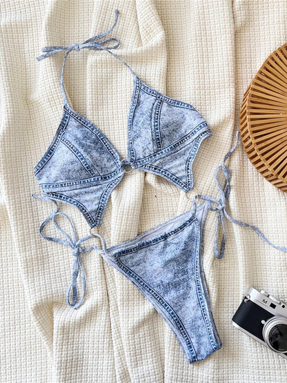 Maillot de bain une pièce en denim, culotte tanga, dos nu