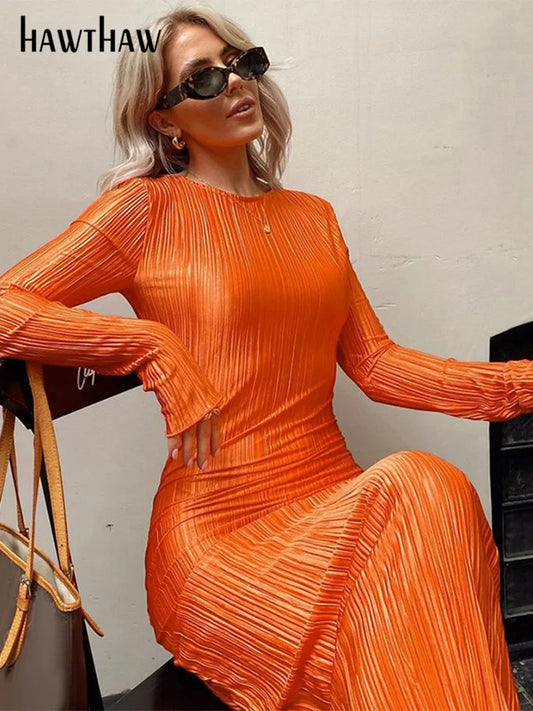 Robe mi-longue Orange à manches longues pour femmes