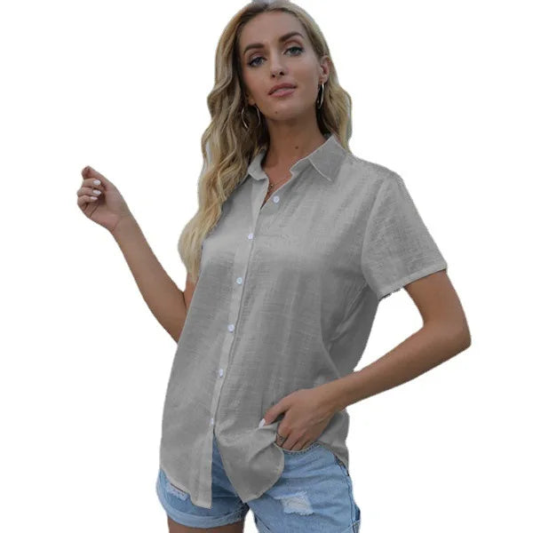 Chemise en coton et lin surdimensionné pour femmes à boutons, couleur unie, décontractée à manches courtes