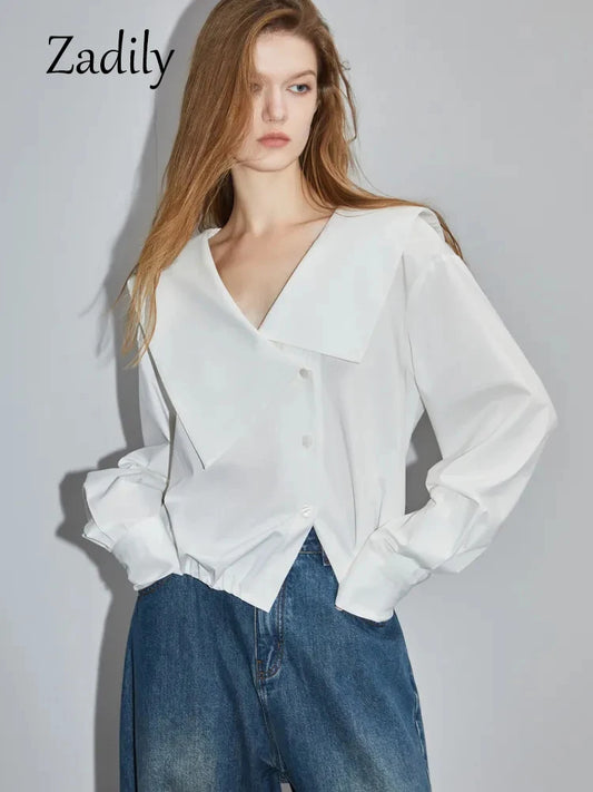 Chemise blanche en coton à manches longues pour femme, boutonnée, courte