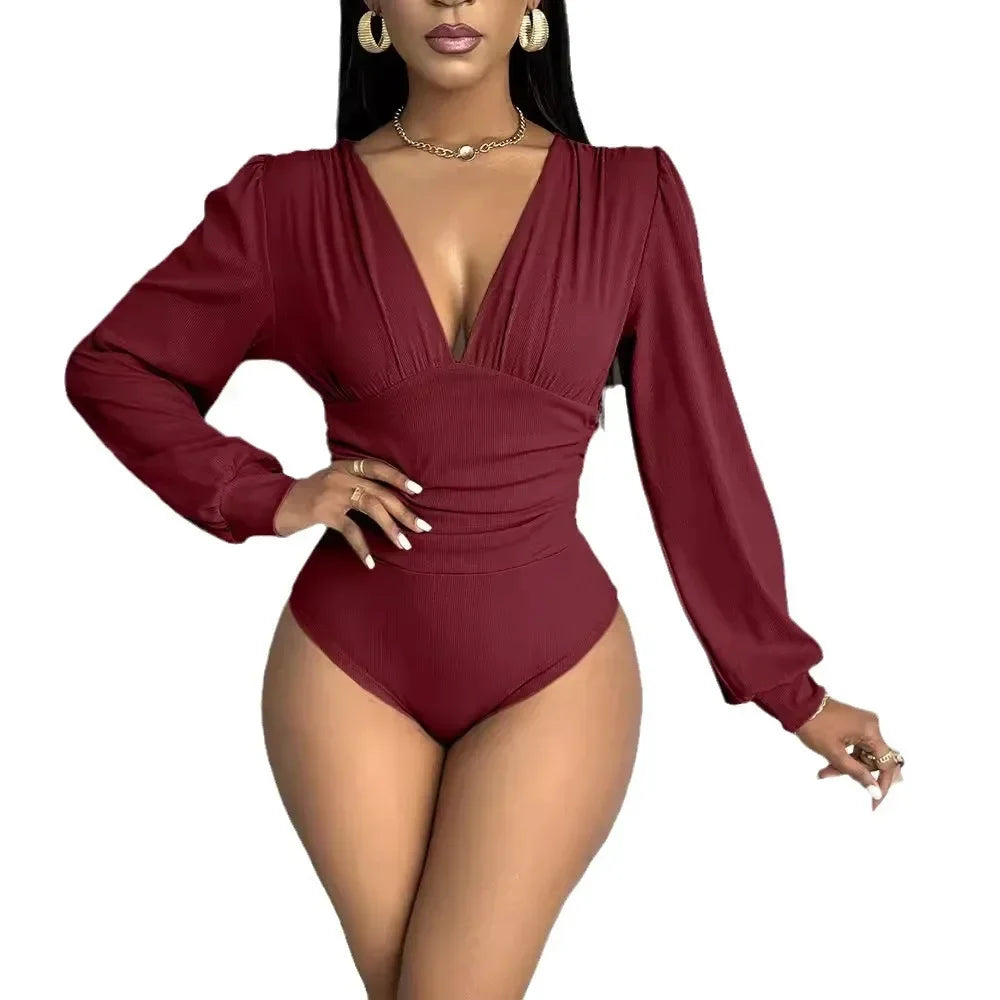 Body à manches longues et col en V pour femmes