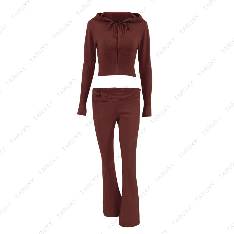 Ensemble pull à capuche et pantalon évasé taille haute pour femme