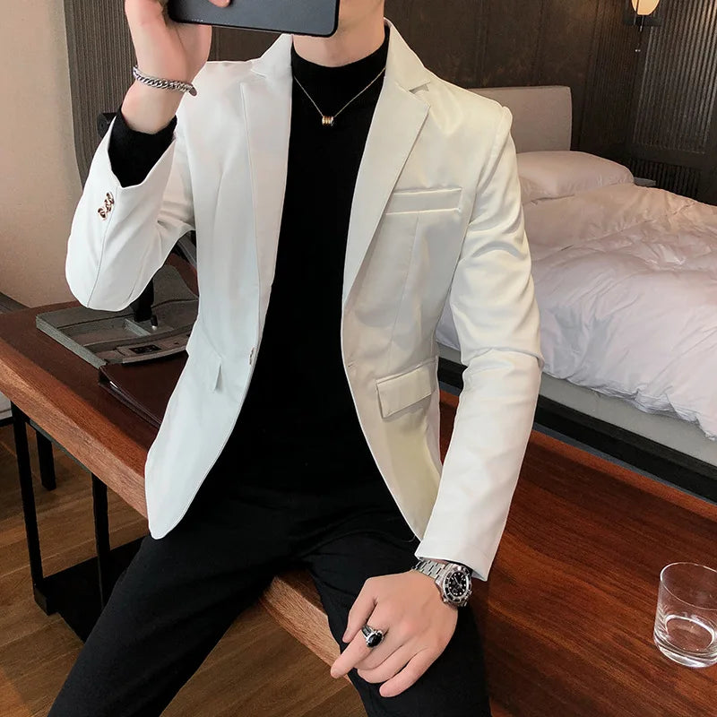 Veste de costume décontractée en cuir noir et blanc pour hommes