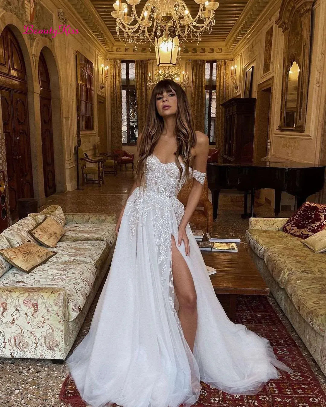 Robes de mariée Boho à fente latérale, avec des Appliques en dentelle, fleurs 3D, épaules dénudées