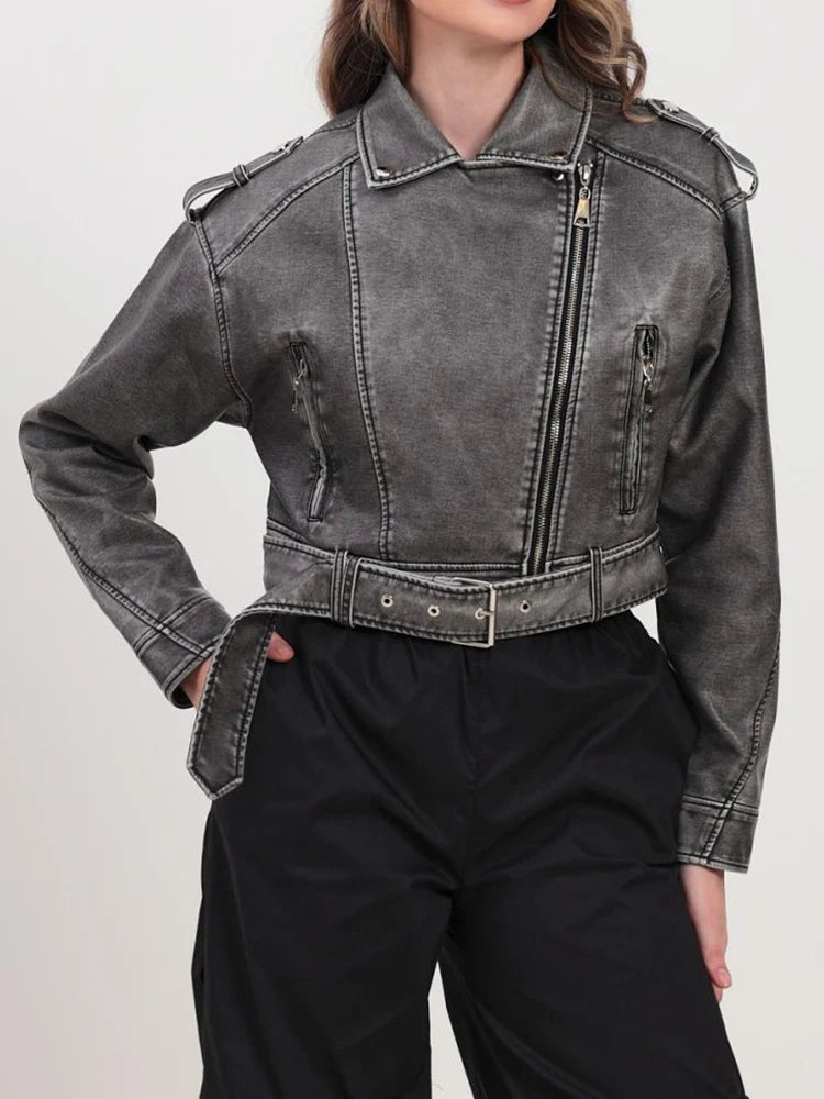 Veste avec ceinture courte pu faux cuir pour femme