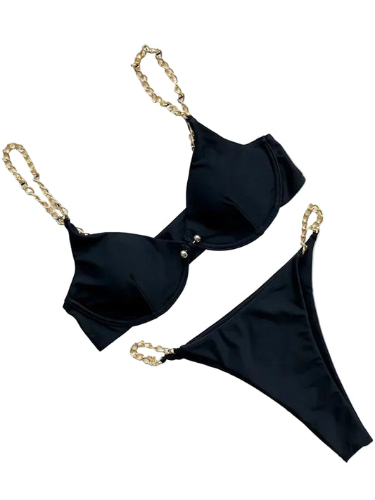 Maillot de bain deux pièces avec chaînes en métal à armatures pour femmes