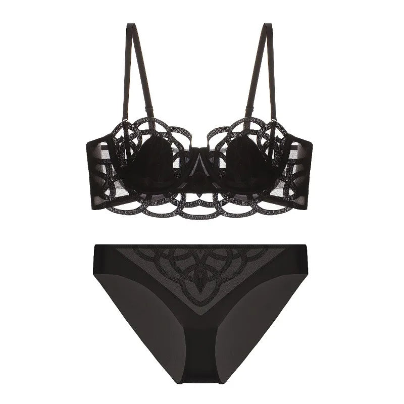 Ensemble 3 pièces soutien-gorge Push up + jarretières + string en dentelle transparent pour femmes