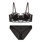 Ensemble 3 pièces soutien-gorge Push up + jarretières + string en dentelle transparent pour femmes