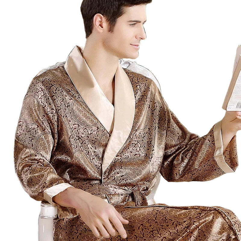 Peignoir de bain en satin imprimé doré pour hommes