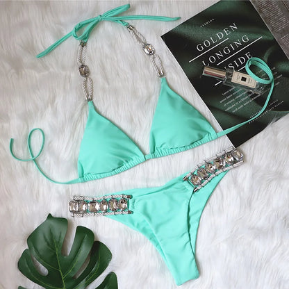 Maillot de bain deux pièces imprimé léopard pour femme, bikini sexy en cristal et biscuits