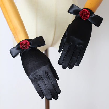 Gants élégants pour mariage, gants de poignet courts, fil rouge, rose, satin noir