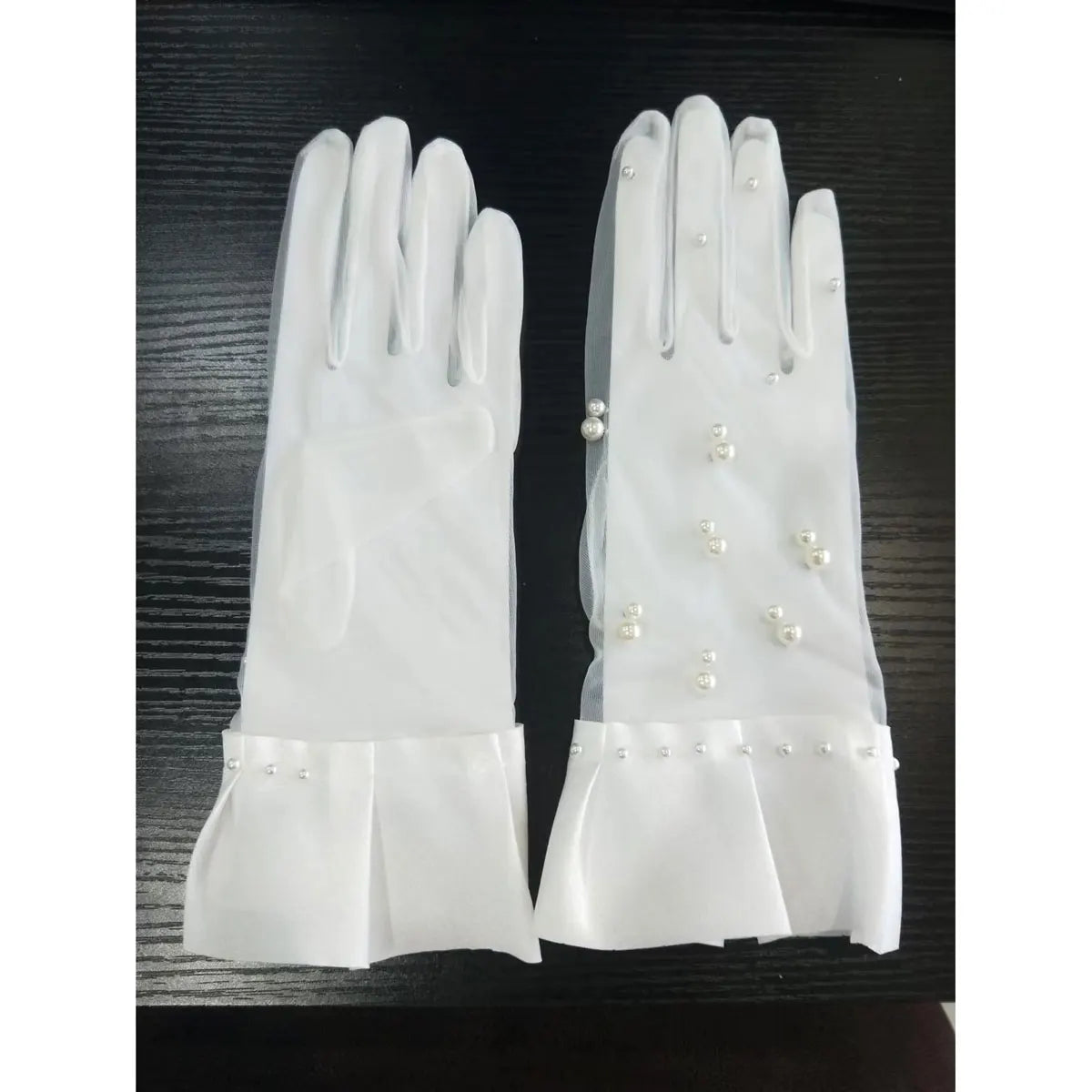 Gants de mariée élégants en Satin, perles blanches en Tulle, bord à volants