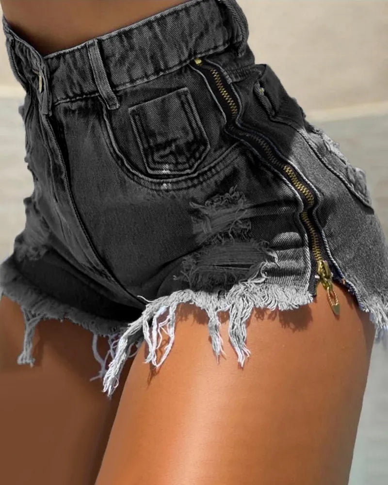 Shorts enj Jeans Décontracté Pour Femme Taille Haute Solide Fermeture Éclair Latérale