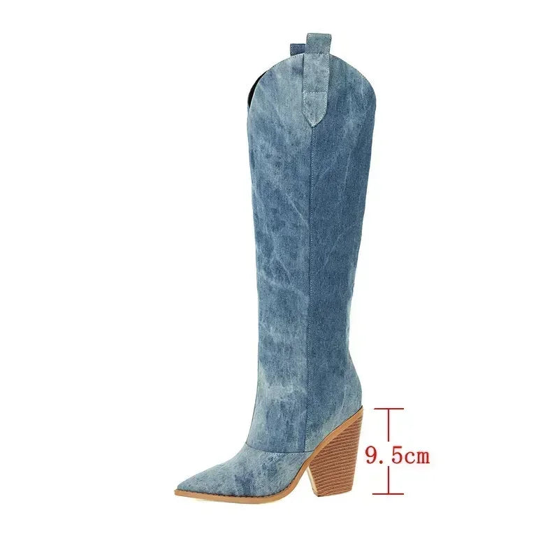 Bottes longues de Cowboy à talons hauts en jean pour femmes