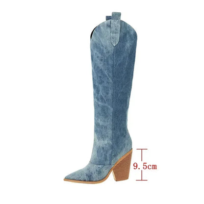 Bottes longues de Cowboy à talons hauts en jean pour femmes