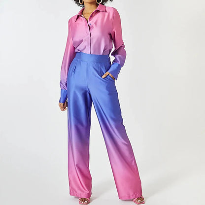 Ensemble deux pièces en Satin imprimé dégradé pour femmes, chemises à manches longues, taille haute, pantalon droit ample