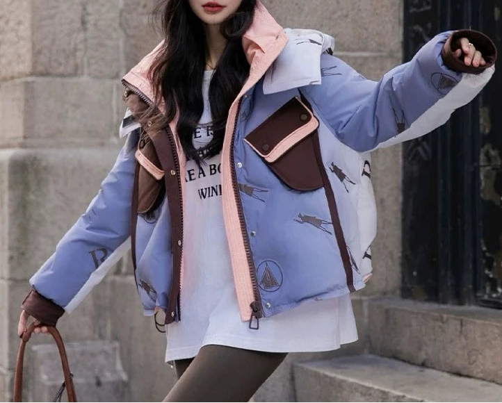 Doudoune à capuche imprimée dégradée, Streetwear brillant pour femme