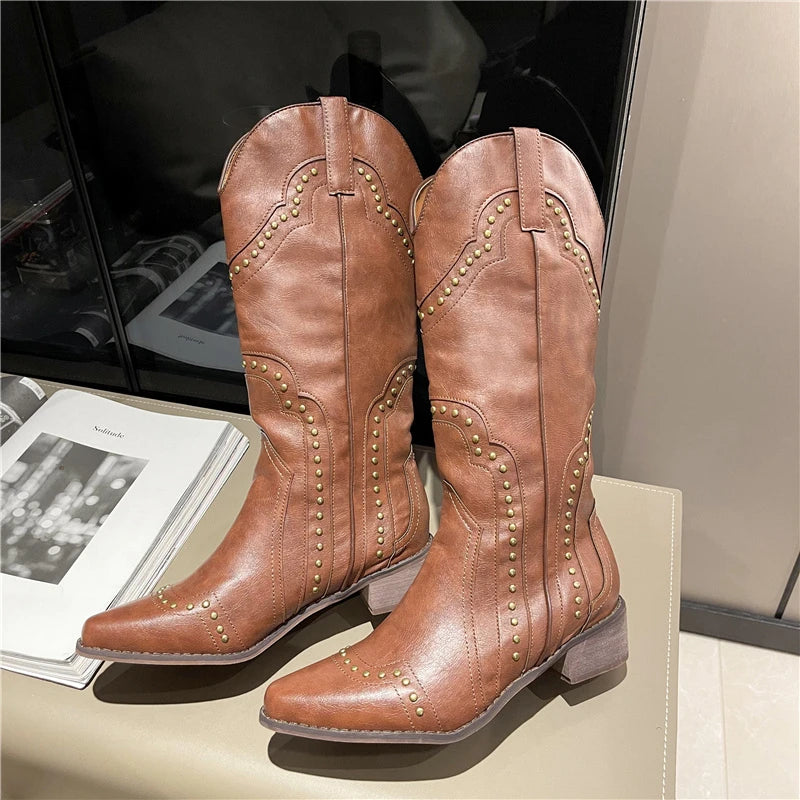 Bottes cloutées pour femmes talon bas Cowboy Chelsea Western court en cuir