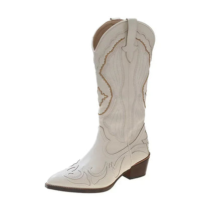 Bottes Western mi- mollet brodées pour femmes, talons carrés