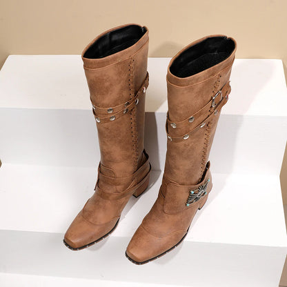 Bottes à talons épais rivet en métal style ethnique ceinture pour femmes