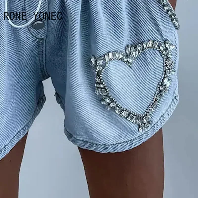 Short en jean décontracté pour femme avec strass et cœur, taille élastique