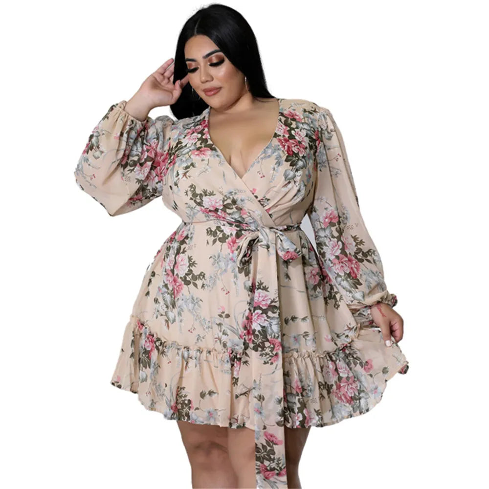 Mini robe imprimée en mousseline de soie pour femmes, Sexy, à volants, col en v, dos nu, à lacets