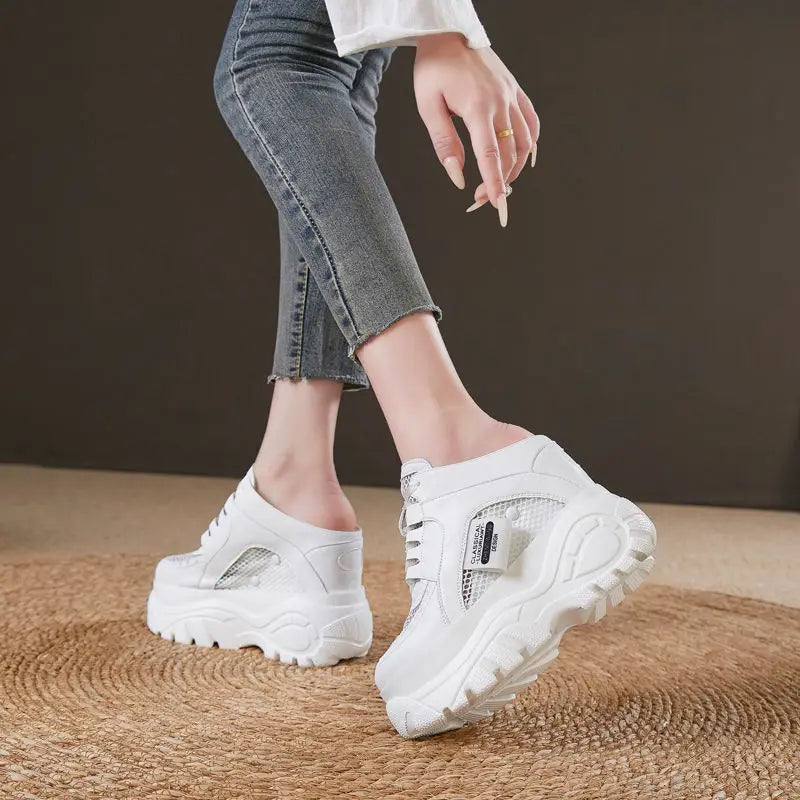 Baskets à compensée en cuir véritable pour femme