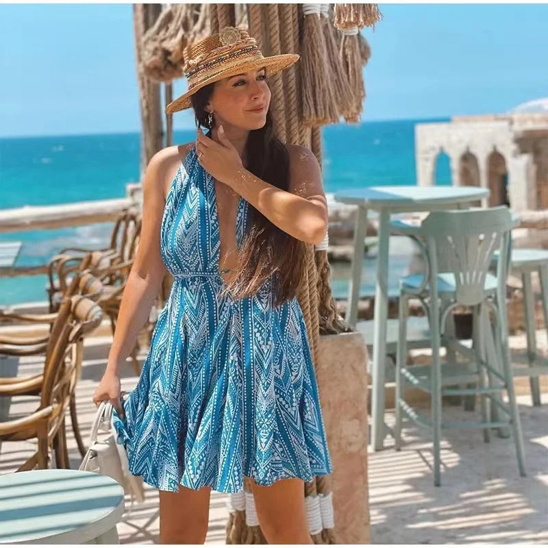 Robe de plage Sexy à col licou pour femmes, imprimée, décolleté en v profond, dos nu