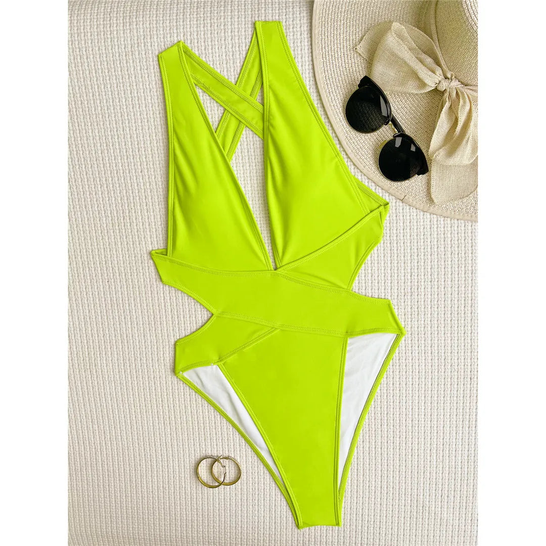 Maillot de bain une pièce à col en V profond et dos croisé pour femmes