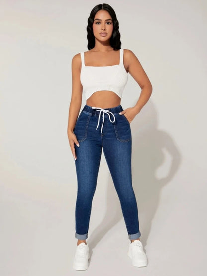 Jeans skinny taille haute pour femmes mode taille élastique à lacets Slim