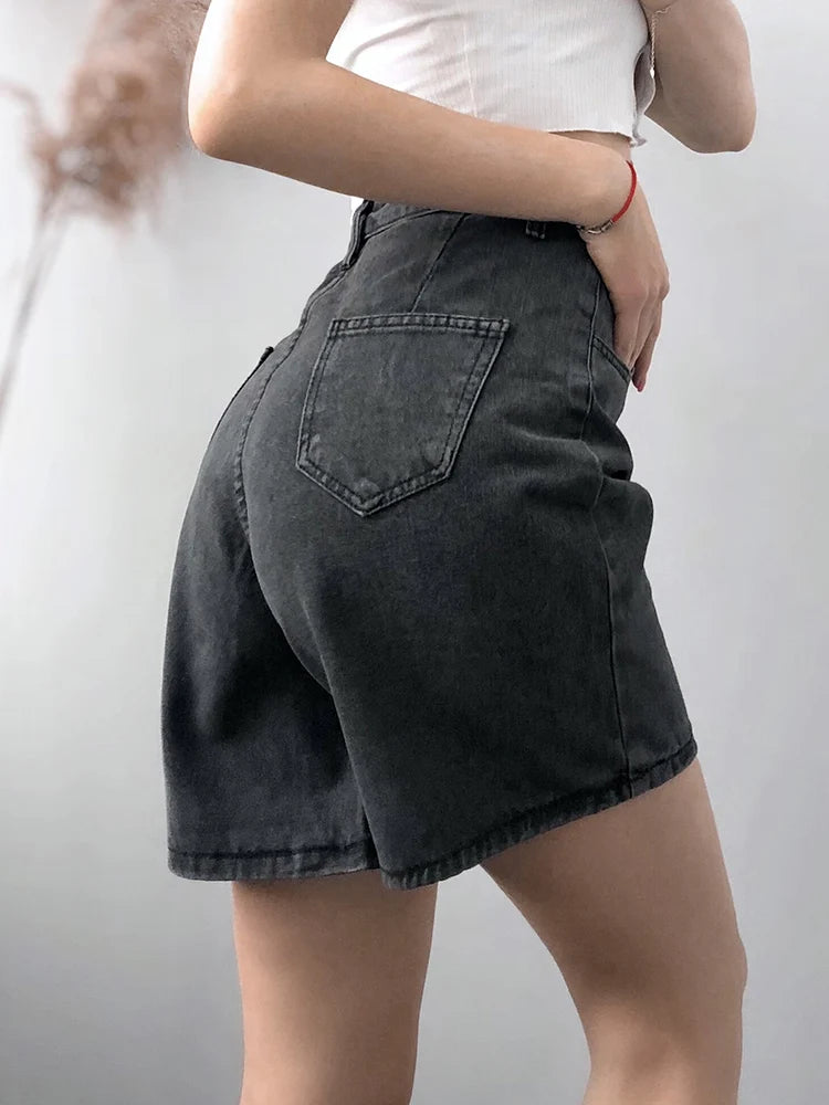 Shorts en jean taille haute bouton perruque jambe pour femmes