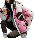 Doudoune à capuche imprimée dégradée, Streetwear brillant pour femme