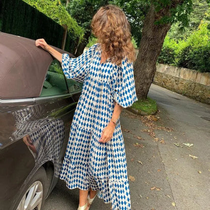 Robe longue à volants pour femmes, imprimé floral, style boho, col en v, manches bouffantes