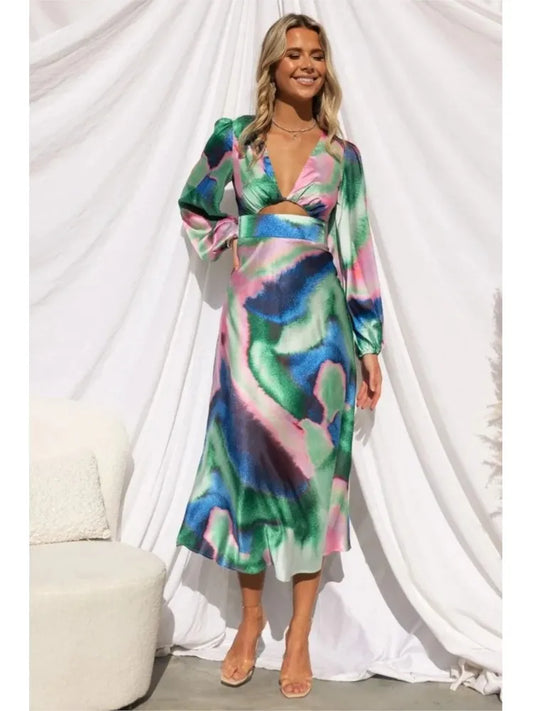 Robe longue en Satin pour femmes, Sexy, moulante, imprimé Tie Dye, manches longues, décolleté en v profond, ajouré