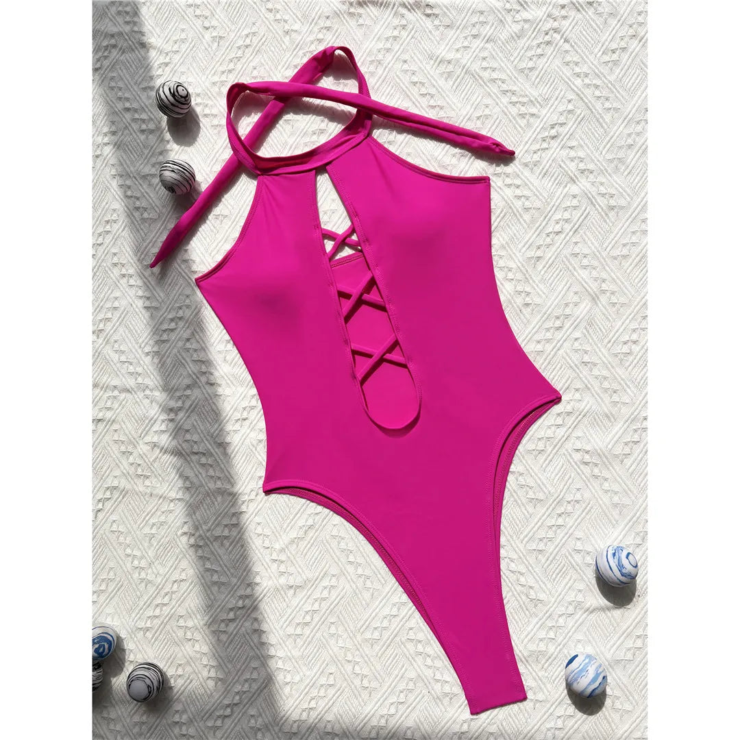 Maillot de bain une pièce à lacets, col haut, dos nu pour femmes