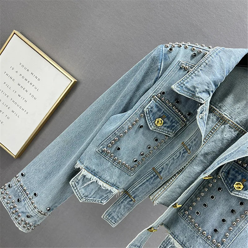 Veste en jean vintage à rivets bleus et diamants avec grande poche pour femme