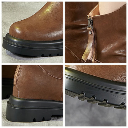 Bottines compensés  9cm en cuir véritable pour femme, bottes à plateforme zippée