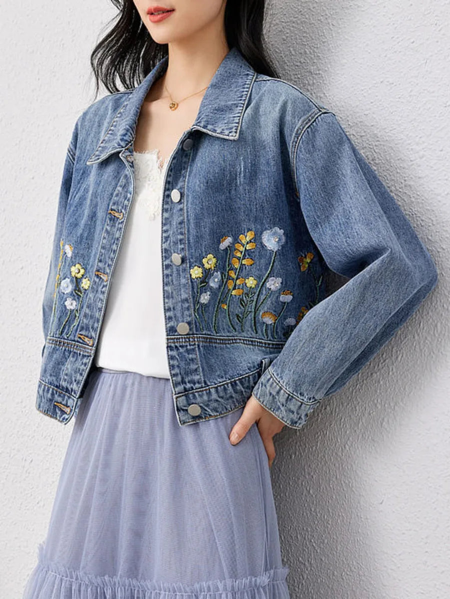 Veste en jean courte brodée florale pour femme