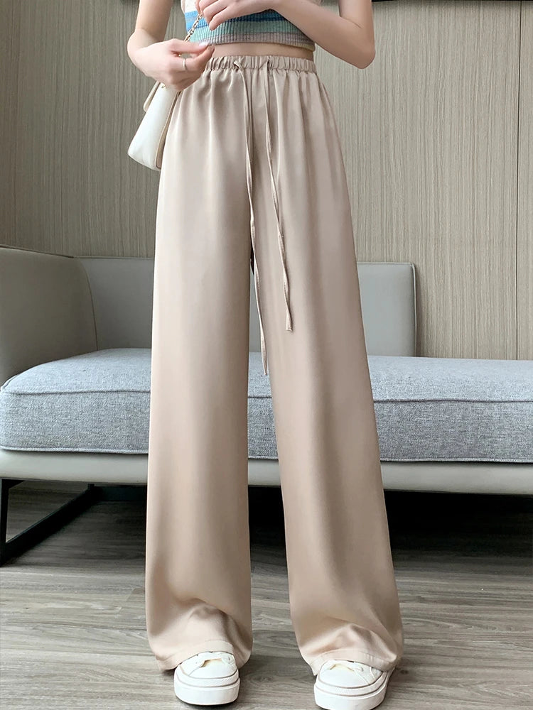 Pantalon à jambes larges pour femmes, pantalon droit en soie glacée, taille haute, décontracté, ample, en Satin doux